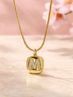 M letter initials Elegant cubic zirconia stone Gold Necklace